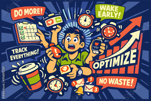 Person overwhelmed by multitasking, productivity demands, and time management