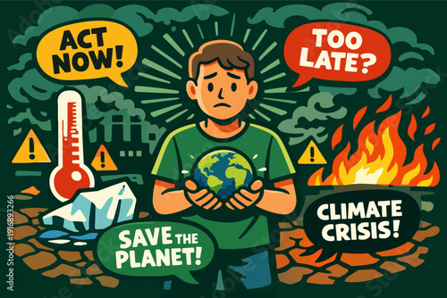 Person holding troubled earth experiencing climate crisis and global warming