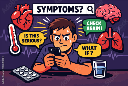Stressed man researching symptoms online, experiencing health anxiety and hypochondria