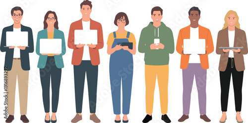 Diverse group of young adults and teenagers holding laptops and tablets representing technology and education in modern society