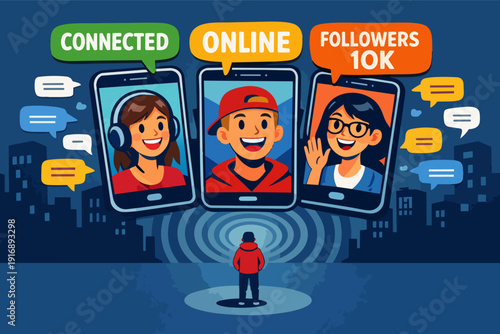 Individual engaging with online community avatars on smartphones in a digital world