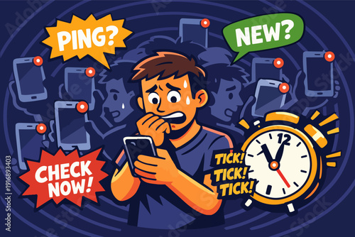 Young man feeling anxious and overwhelmed by constant mobile phone notifications and alerts