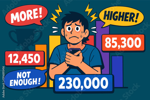 Stressed person feeling social media pressure for more likes and higher engagement