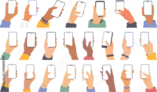 Set of diverse hands holding modern smartphones with blank screens for mobile app display and content