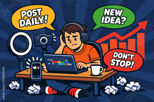 Content creator experiencing burnout, stress, and anxiety from social media demands