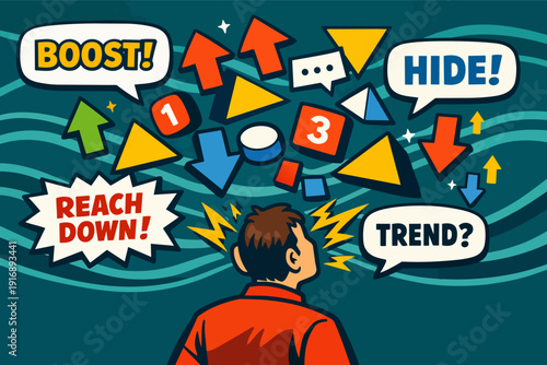 Person overloaded with social media algorithm controls, trends, and engagement metrics