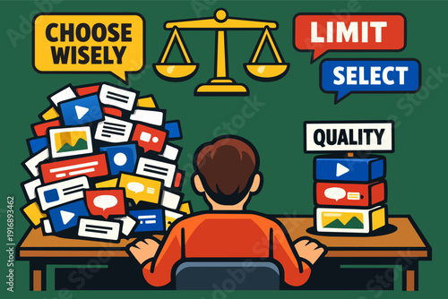 Person selecting quality media from a huge pile of information, balancing content volume