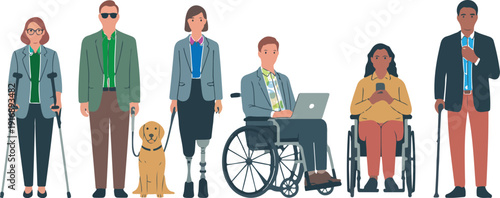 Diverse group of people with disabilities working together in professional setting inclusive workplace illustration