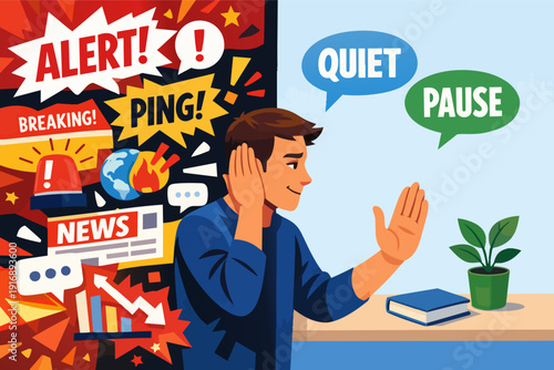 Man finding quiet and pause, seeking digital detox from information overload and noise