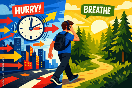 Man choosing between hurried urban stress and peaceful forest meditation