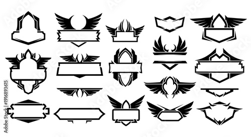 Black abstract shield icons and winged frames collection for creating custom esport mascot logos, gaming team emblems, and military heraldry badges
