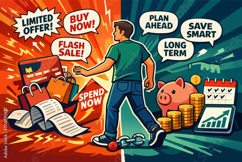 Man choosing between impulsive spending and mindful financial planning