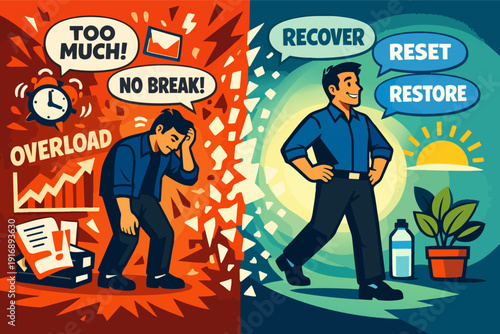 Man experiencing burnout from workload versus recovering through mental wellness reset