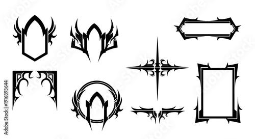 Collection of black decorative borders, cross dividers, and circular crests for fantasy gaming UI and tribal esport logo design