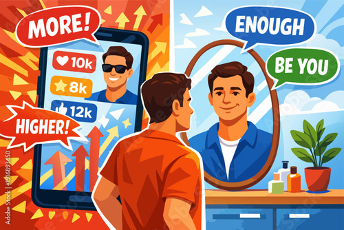 Man balancing social media validation with self acceptance and body positivity