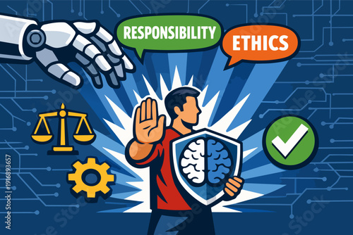 Person protecting human values from ai with ethics and responsibility