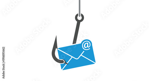 A blue email envelope is caught on a sharp dark gray fishing hook, symbolizing phishing and cyber scam.