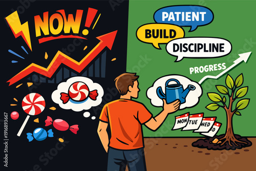 Person choosing between instant gratification and long-term investment, patience