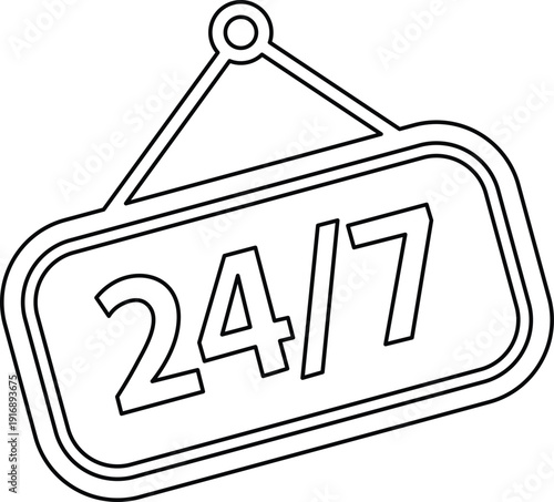Black outline 24/7 sign hanging on a white background open availability