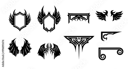 Vector collection of dragon wings, spiked shields, and decorative text dividers for fantasy gaming logos and dark UI design