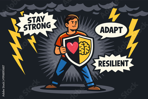 Person holding shield with heart and brain, representing resilience and adaptability