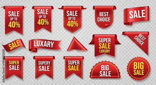 Set of red sale tags and discount labels featuring business icons and price stickers for retail promotion banners in a vector illustration design