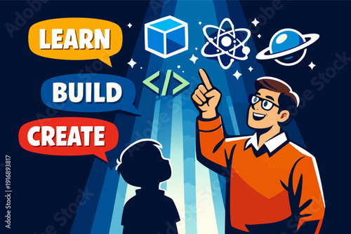 Teacher mentoring student in stem areas, inspiring learning, building, and creating