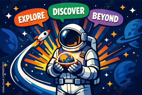 Astronaut holding earth in space with rockets and celestial bodies, exploring beyond