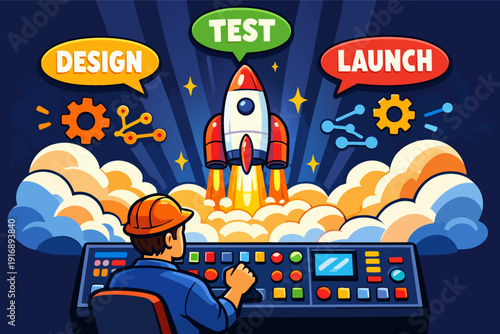 Engineer launching space rocket representing project development cycle
