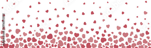 Seamless horizontal border with a cascading pattern of red and pink hearts on a white background