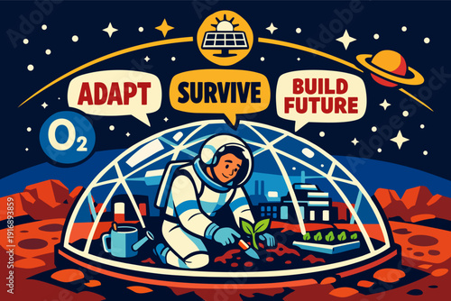 Astronaut growing plants in dome habitat on mars, colonizing the red planet