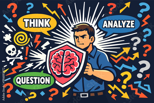 Man protecting his mind with brain shield against information overload and fake news