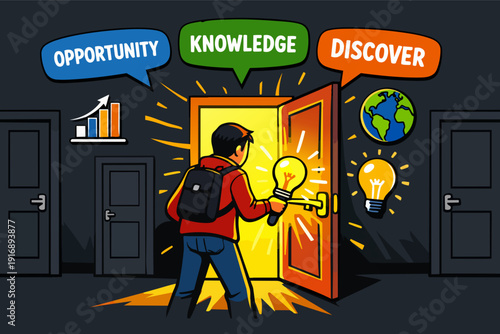 Student unlocking a door to bright future, knowledge, opportunity, and discovery