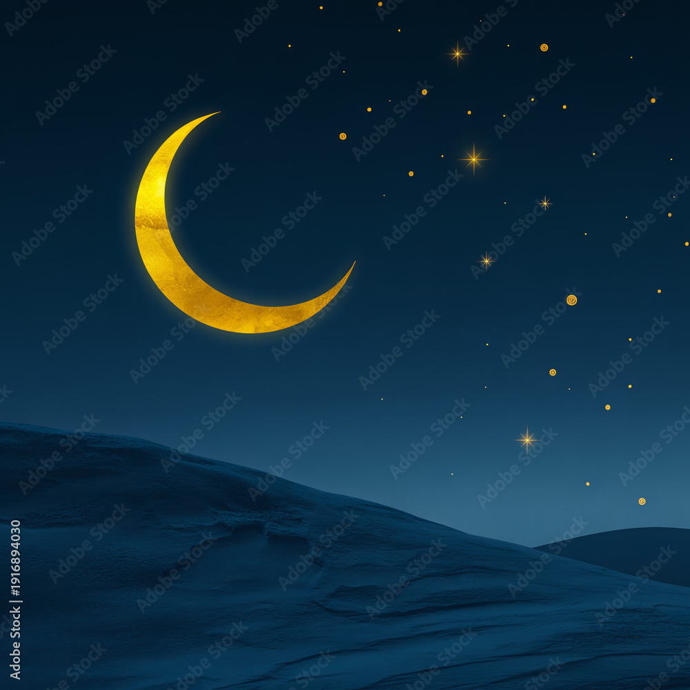 Fototapeta premium Golden crescent moon in a starry night sky over a dark landscape
