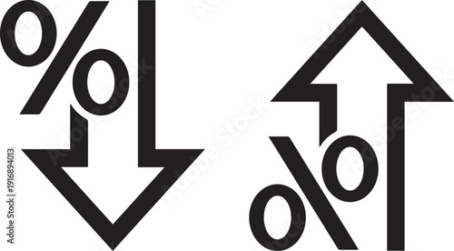 Percentage down arrow and up arrow icons representing financial decrease and increase for business concepts