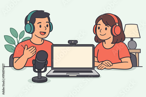 Podcasting couple broadcasting a live show or recording an audio interview at home