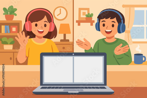 Children learning online, having virtual class using laptop and headphones