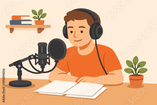 Young man recording podcast at home studio, creating audio content for listeners
