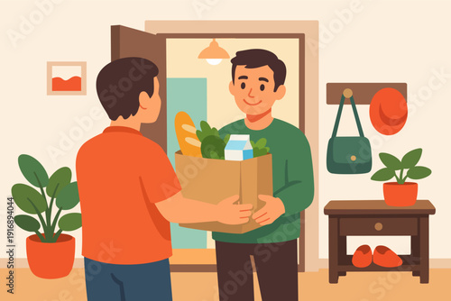 Person receiving groceries bag from delivery man at home door
