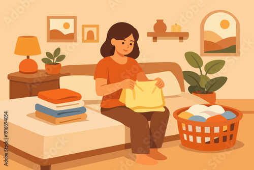Woman folding laundry clothes in bedroom, managing household chores and domestic life
