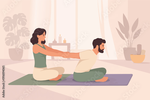 Couple stretching together at home, performing yoga for wellness and active lifestyle