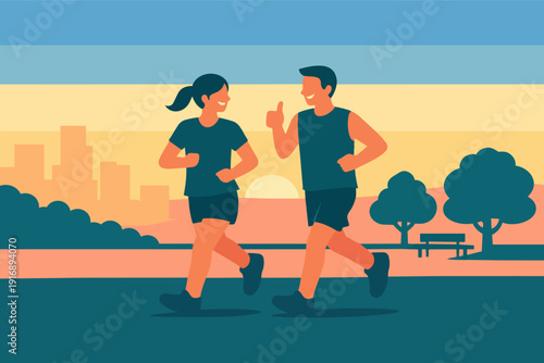 Healthy couple jogging together in a park at sunset, exercising for fitness