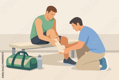 Athletic trainer applying bandage to injured leg of male athlete in changing room