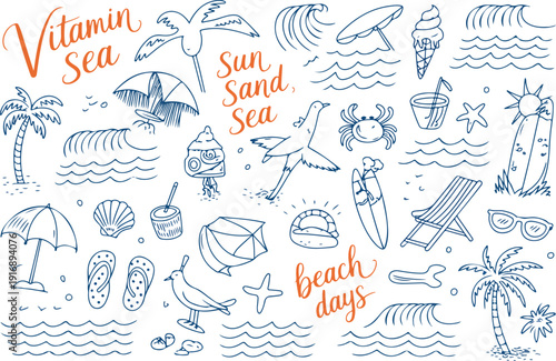 Summer beach vacation doodles collection featuring palms waves surfing gear and sea life illustrations on white