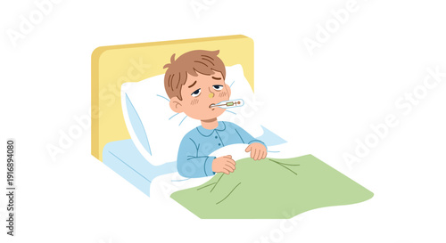 A young boy with a thermometer in his mouth is sitting up in bed under a light green blanket feeling unwell.