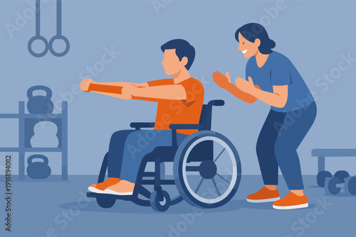 Man in wheelchair exercising with a physical therapist in a gym
