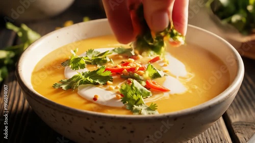 Wallpaper Mural Creamy soup being poured into a bowl with cream garnish on wooden surface Torontodigital.ca