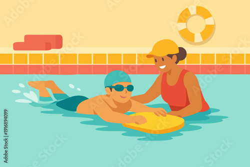 Child learning swimming with instructor in a pool, using a kickboard