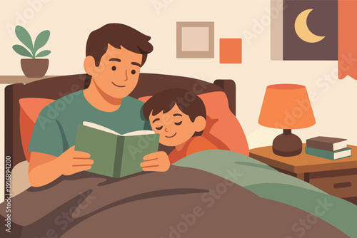 Father reading bedtime story to his son in bed, bonding and parenting at night