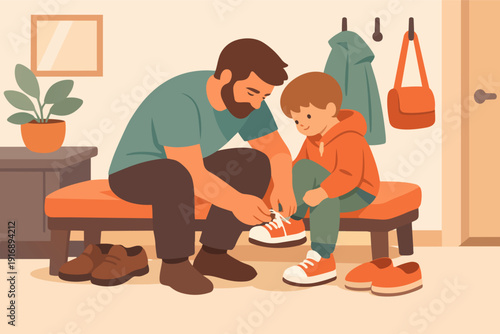 Father helping son tie shoelaces, teaching childhood practical skills at home